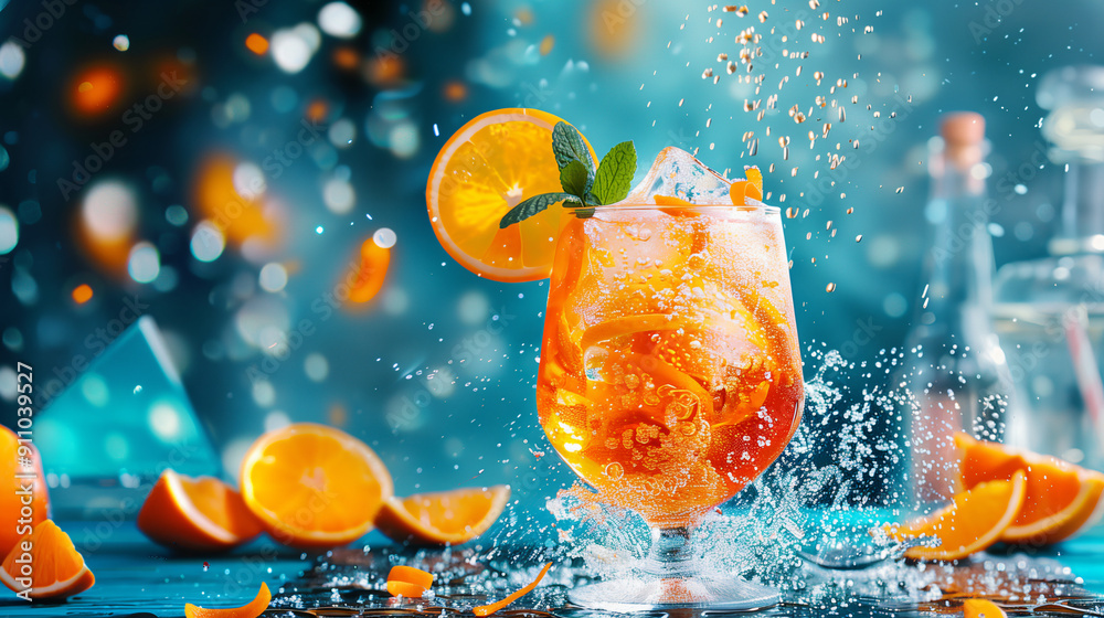 Glass of spritz cocktail is standing on a table with ice cubes, orange and lime slices and fresh mint Glass of spritz cocktail is standing on a table with ice cubes, orange and lime slices and fresh mint