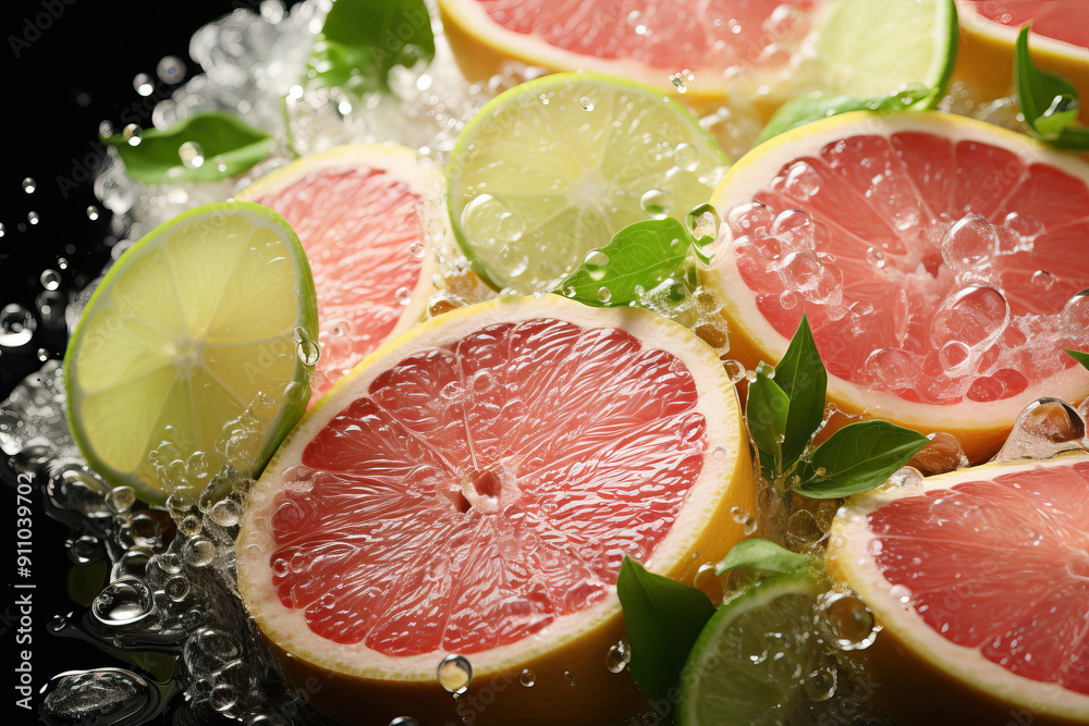Pomelo fruit in a splash of water close-up. Pomelo fruit in a splash of water close-up.