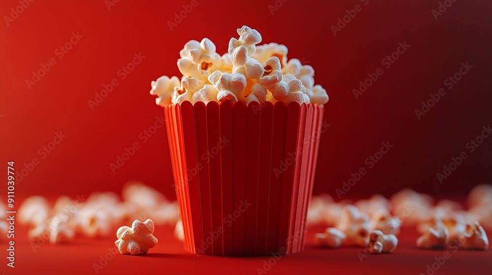 A red container filled with popcorn A red container filled with popcorn