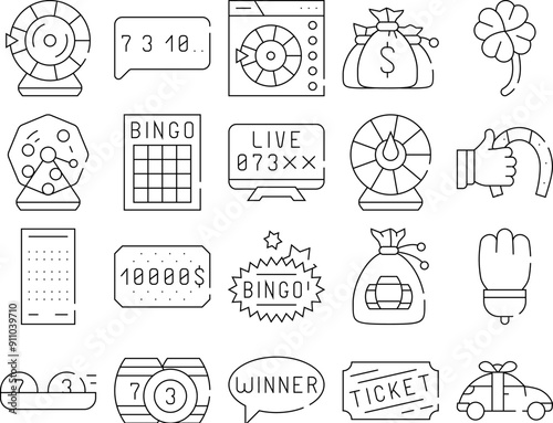 Raffle Lottery Game Collection Icons Set Vector. Raffle Car And Win Money Gambling, Bingo Card And Kegs, Wheel Of Fortune And Ticket Black Contour Illustrations