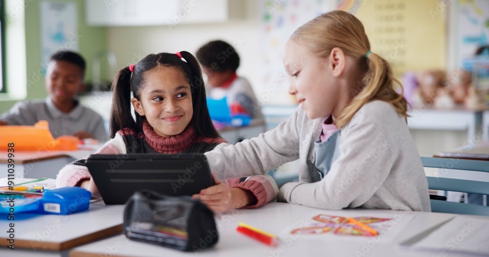 Friends, digital and children with tablet in classroom, clever and helping with classwork and smile. Elearning, happy and online for schoolwork, glasses and information for test in web and education Friends, digital and children with tablet in classroom, clever and helping with classwork and smile. Elearning, happy and online for schoolwork, glasses and information for test in web and education