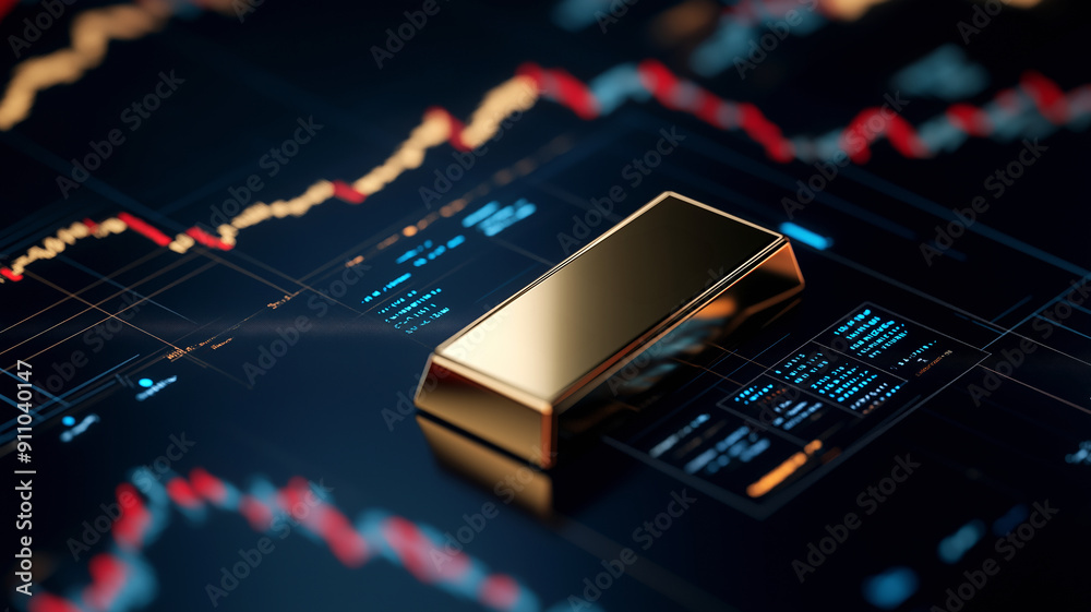 A close-up of a digital interface displaying real-time gold prices, with a gold bar placed in front, representing the integration of technology in monitoring gold investments. A close-up of a digital interface displaying real-time gold prices, with a gold bar placed in front, representing the integration of technology in monitoring gold investments.