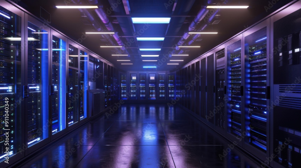 inside a magnificent data center with numerous servers and storage bays. The dominant color of the storage bays is blue inside a magnificent data center with numerous servers and storage bays. The dominant color of the storage bays is blue