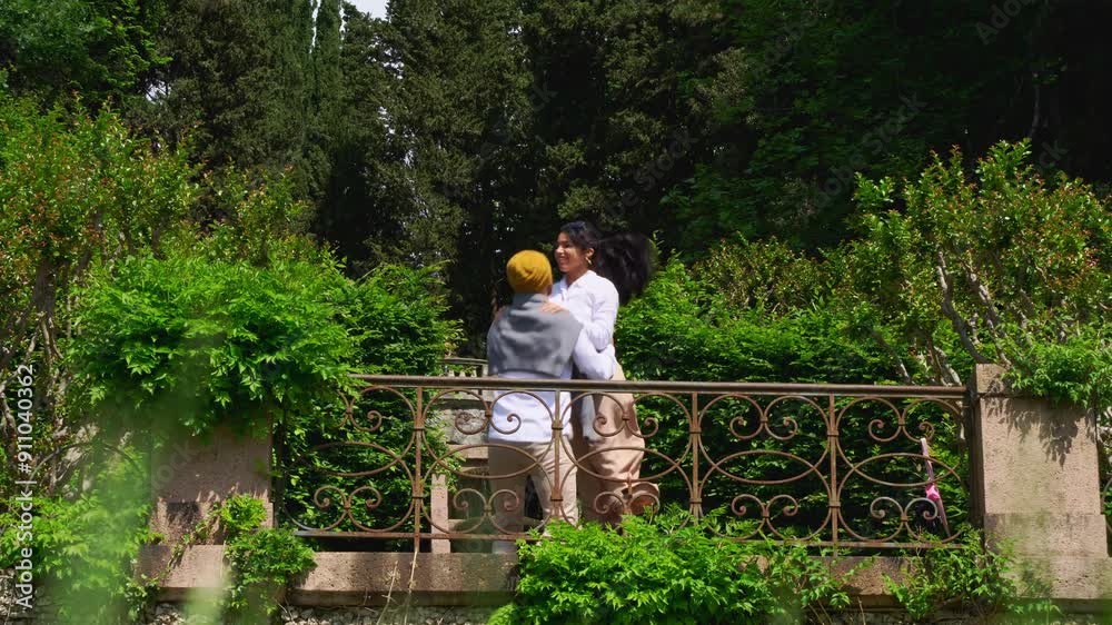 Lovers meeting up after long time and hugs, slow motion view Lovers meeting up after long time and hugs, slow motion view