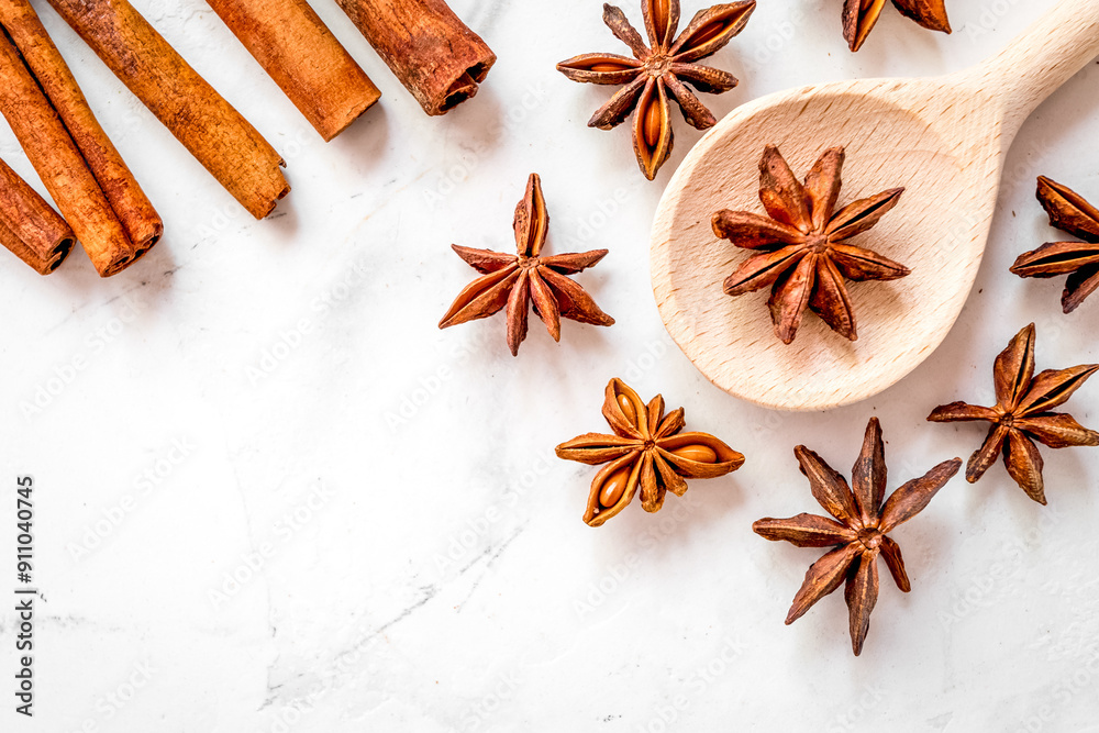 Cooking with spices, vanilla, cinnamon on kitchen table background top view mock-up Cooking with spices, vanilla, cinnamon on kitchen table background top view mock-up