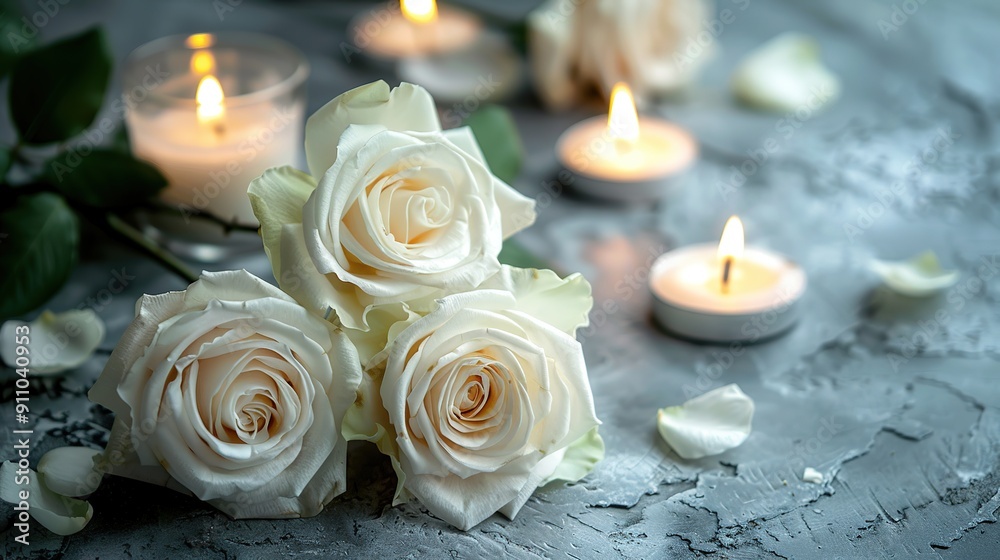 Elegant Display of White Roses and Candles on Gray Background, Romantic Mood with Soft Lighting, Close-Up of Detailed Petal and Candle Textures, Ideal for Naturalistic and Professional Settings Elegant Display of White Roses and Candles on Gray Background, Romantic Mood with Soft Lighting, Close-Up of Detailed Petal and Candle Textures, Ideal for Naturalistic and Professional Settings
