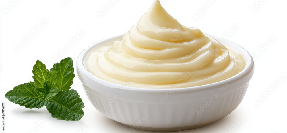 Isolated on a transparent background, a bowl with a white mayonnaise dip on one side and a bundle of food on the other side Isolated on a transparent background, a bowl with a white mayonnaise dip on one side and a bundle of food on the other side