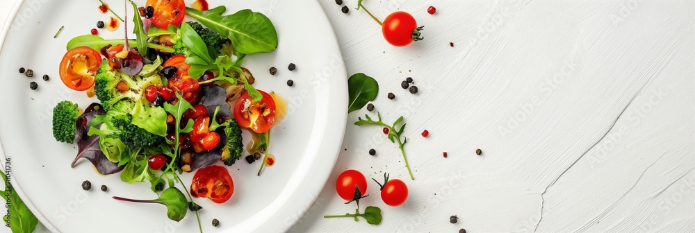 A healthy and colorful plate of mixed green salad with fresh cherry tomatoes, seeds, and vegetables scattered around on a white background. A healthy and colorful plate of mixed green salad with fresh cherry tomatoes, seeds, and vegetables scattered around on a white background.