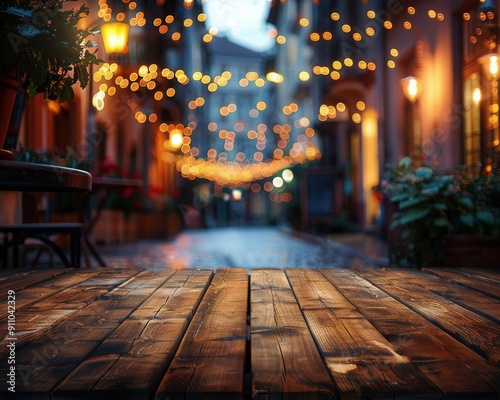 A classic wooden table with a colorful, blurred street-themed backdrop and sparkling bokeh lights add to the charm. photo