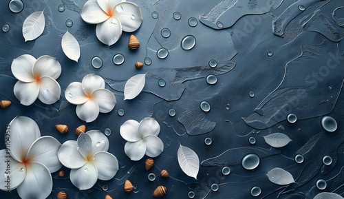 White Flowers and Leaves on Blue Background with Water Drops