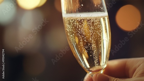 Sparkling Celebration: Close-up of Hand Holding Champagne Glass
