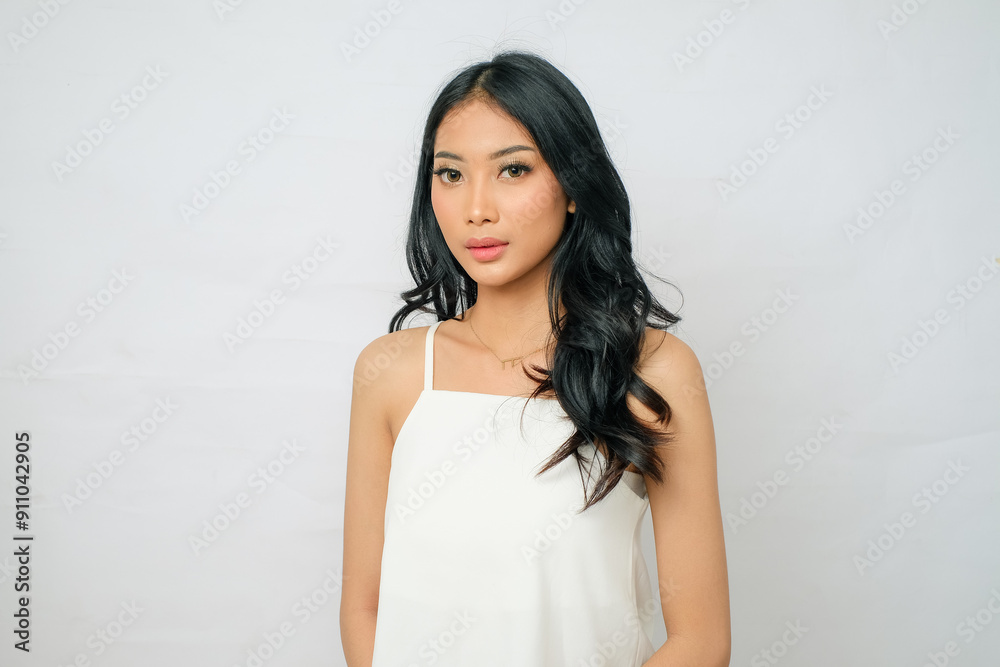 Charming Asian Woman with Long Hair and Flawless Skin in White Tube Top Charming Asian Woman with Long Hair and Flawless Skin in White Tube Top
