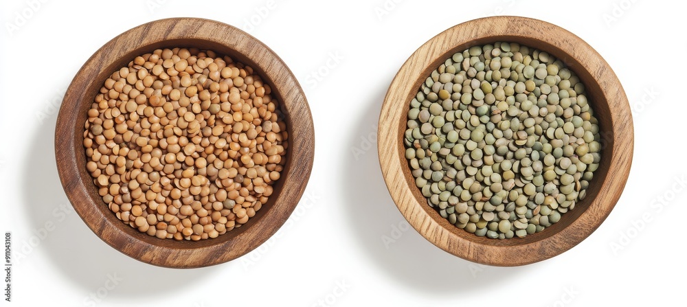 Isolated on a white background, brown lentils in a wooden bowl, side and top views Isolated on a white background, brown lentils in a wooden bowl, side and top views