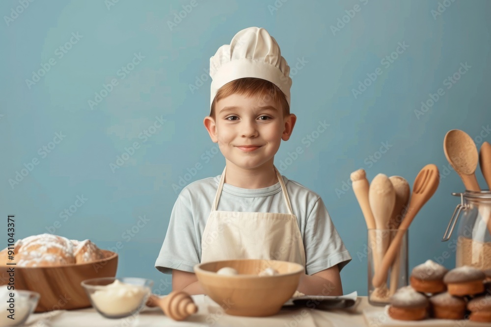 Young Baker in a White Chef Hat and Apron Young Baker in a White Chef Hat and Apron