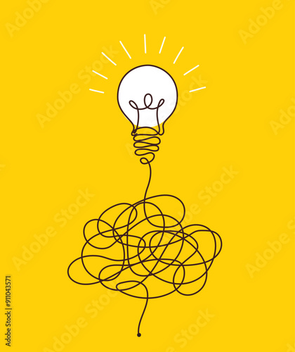 Light bulbs with confused concept of chaos. Complex way from start to idea. Tangle clarity or path in hand drawn style. Vector illustration