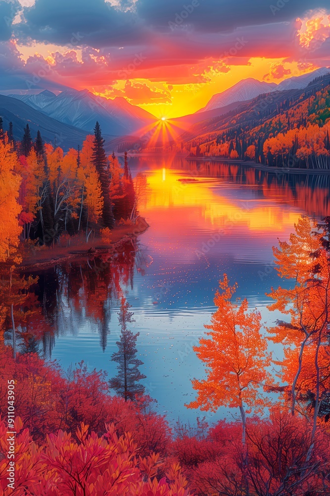 Naklejka premium Majestic autumn sunset reflecting in a serene river surrounded by golden trees