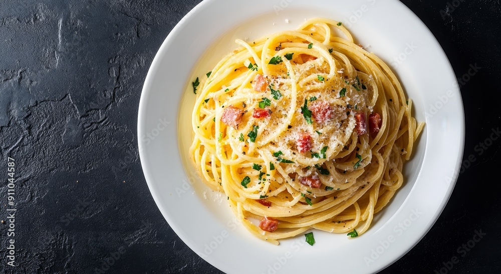 A black textured background is shown with a white plate topped with spaghetti carbonara, spaghetti made with egg and pancetta sauce A black textured background is shown with a white plate topped with spaghetti carbonara, spaghetti made with egg and pancetta sauce