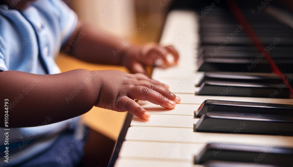 Obraz premium Baby playing on Piano Keys Infant playing an instrument. 