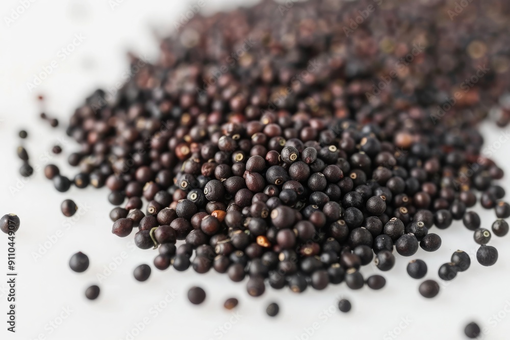 Close-Up of Scattered Black Seeds on White Background Close-Up of Scattered Black Seeds on White Background