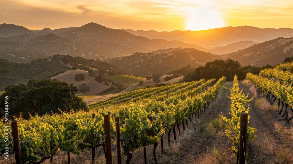 Fototapeta premium The tranquil vineyard stretches under the warm glow of the sunset, showcasing rows of lush grapevines and the rolling serenity of the landscape, painting a peaceful picture.