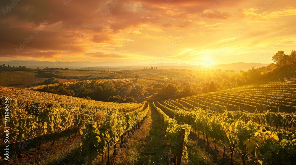 Fototapeta Stunning view of vineyards under a splendid sunset, stretching over rolling countryside hills, capturing the warm orange glow and tranquil beauty of the natural landscape.