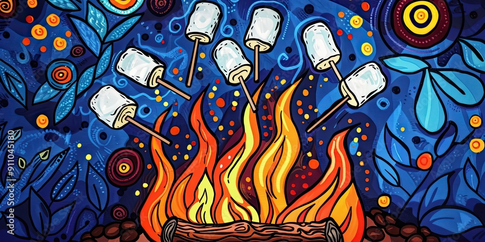 Obraz premium Toasting Marshmallows Over a Vibrant Fire