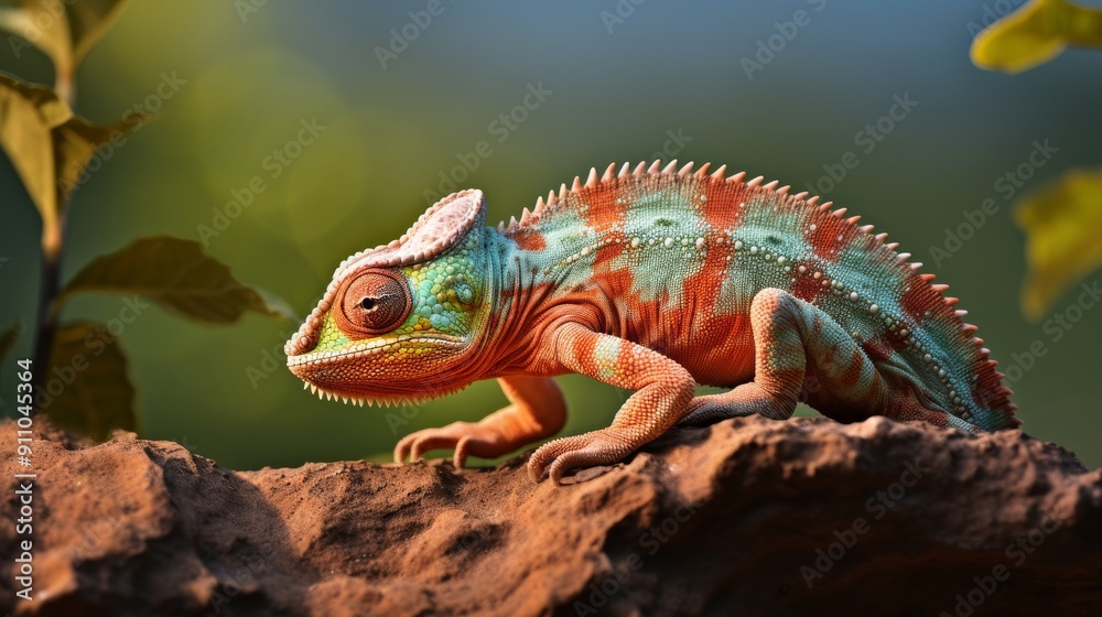 Fototapeta premium Wide shot captures chameleon blending on rocky surface