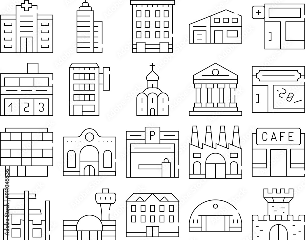 Building Architecture Collection Icons Set Vector. Hospital And Church, Government And Hotel Building, Parking And Factory, Cafe And Castle Black Contour Illustrations Building Architecture Collection Icons Set Vector. Hospital And Church, Government And Hotel Building, Parking And Factory, Cafe And Castle Black Contour Illustrations