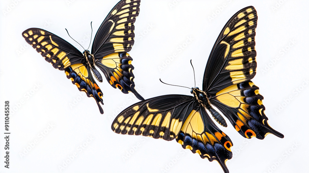 Fototapeta premium Pair of swallowtail butterflies in flight isolated on white background