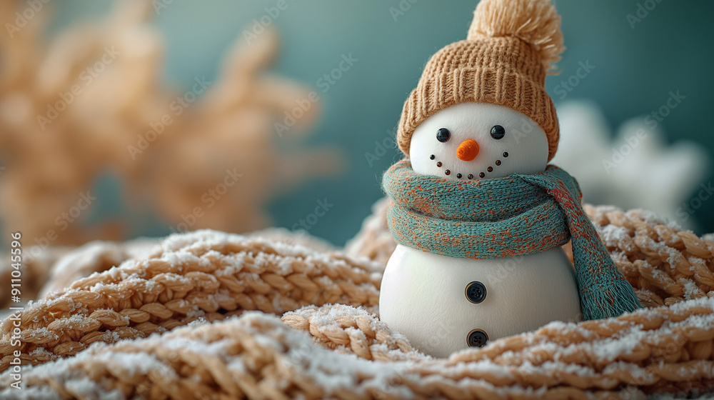 Obraz premium Smiley snowman with knitted hat and scarf on the snow inside