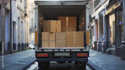 A fully loaded delivery van with cardboard boxes in a narrow urban street, depicting the challenges and efficiencies of urban logistics and last-mile deliveries. photo