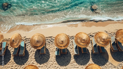 A picturesque tropical beach scene depicting rows of straw umbrellas and empty loungers along the sandy shore, evoking feelings of peace, relaxation, and vacation in paradise.