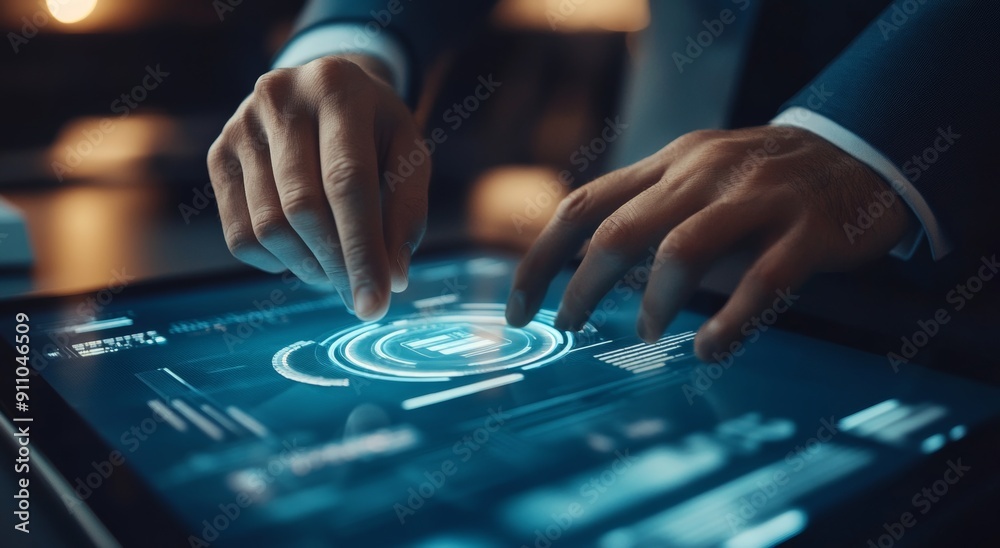 The business professional analyses data on his digital tablet in a high-tech office environment. The business professional analyses data on his digital tablet in a high-tech office environment.