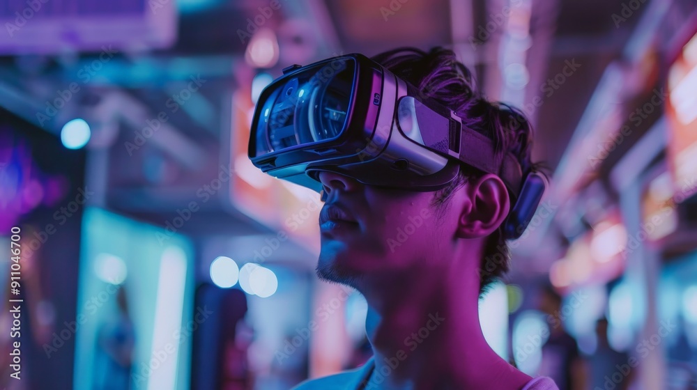 A man deeply engaged in a virtual reality experience, equipped with a VR headset, set in a digitally rich and colorful environment, highlighting futuristic technology and immersion. A man deeply engaged in a virtual reality experience, equipped with a VR headset, set in a digitally rich and colorful environment, highlighting futuristic technology and immersion.