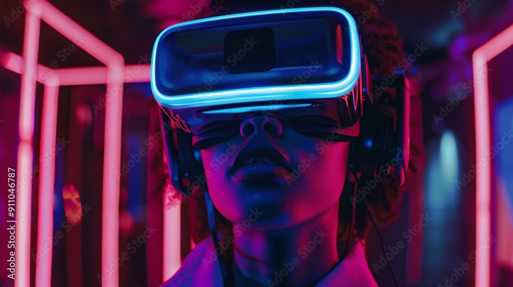 A woman immersed in virtual reality using an advanced VR headset, surrounded by neon-lit structures, showcasing the integration of futuristic technology and immersive gaming. A woman immersed in virtual reality using an advanced VR headset, surrounded by neon-lit structures, showcasing the integration of futuristic technology and immersive gaming.