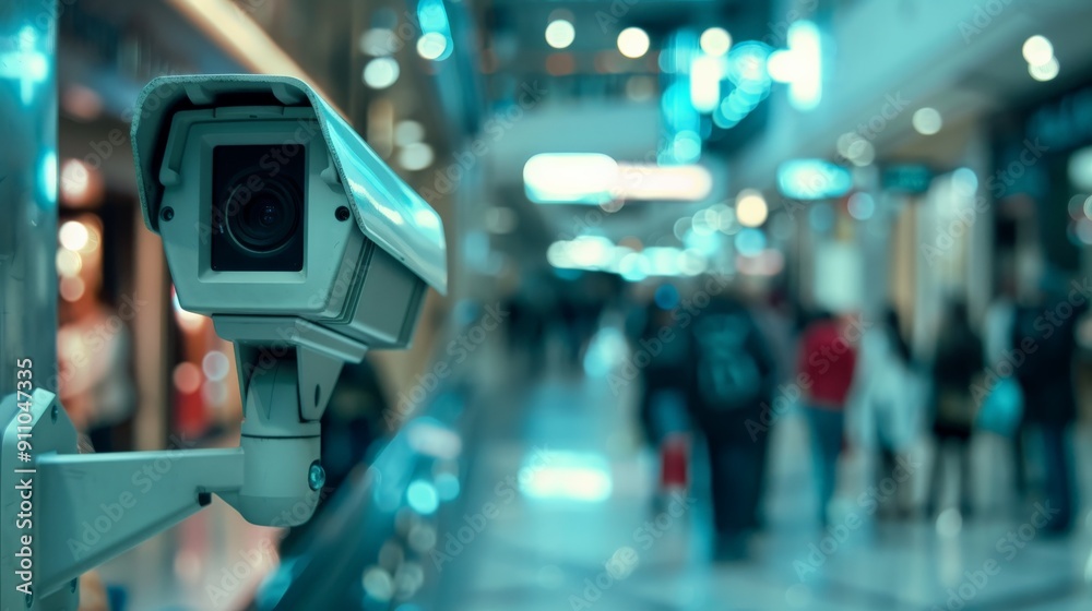 A close-up view of a security camera overseeing a busy shopping center, emphasizing the importance of surveillance and security in public spaces for safety and monitoring. A close-up view of a security camera overseeing a busy shopping center, emphasizing the importance of surveillance and security in public spaces for safety and monitoring.
