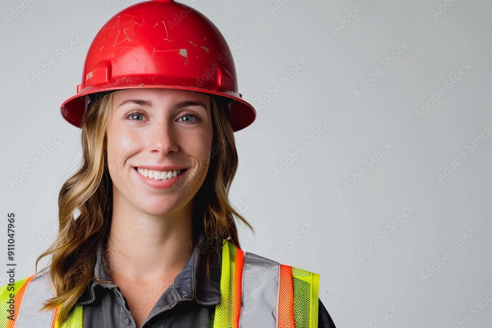 A smiling woman wearing a red hard hat and safety vest, embodying positivity and enthusiasm in her role in the construction sector. A smiling woman wearing a red hard hat and safety vest, embodying positivity and enthusiasm in her role in the construction sector.