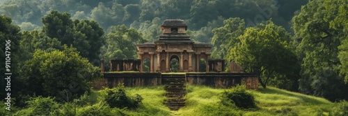 A grand and ancient structure with an arched entrance stands amidst lush greenery, representing historical and architectural significance. photo