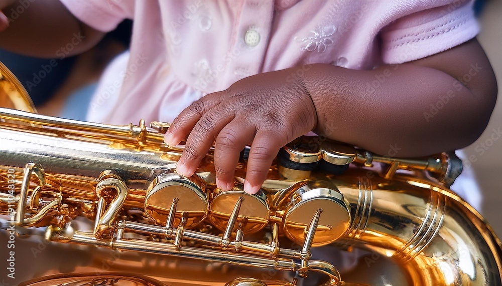 Fototapeta premium Baby playing on Saxophone Infant playing an instrument. 
