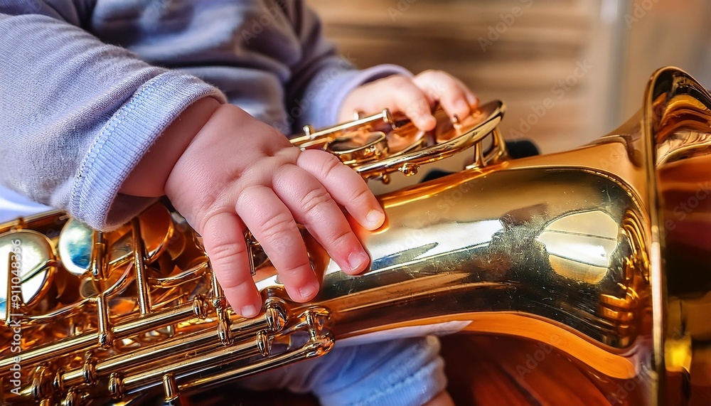 Obraz premium Baby playing on Saxophone Infant playing an instrument. 