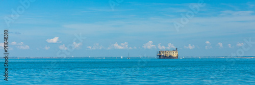 Fort boyard seen from Boyardville beach on a sunny day in Charente-Maritime, France