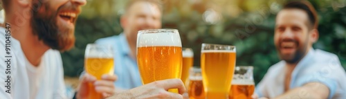 Oktoberfest 2025 beer garden with picnic tables and groups of friends laughing and toasting photo