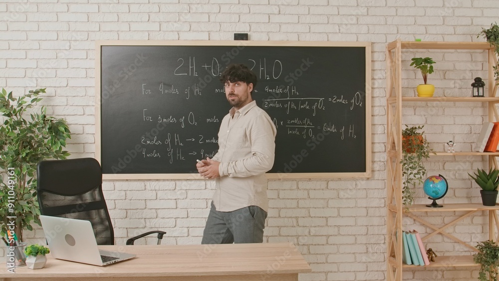 A male teacher is teaching a chemistry class and explaining a task written on the blackboard in the classroom. A male teacher is teaching a chemistry class and explaining a task written on the blackboard in the classroom.