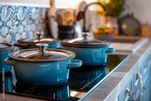 Blue Pots on a Modern Kitchen Countertop