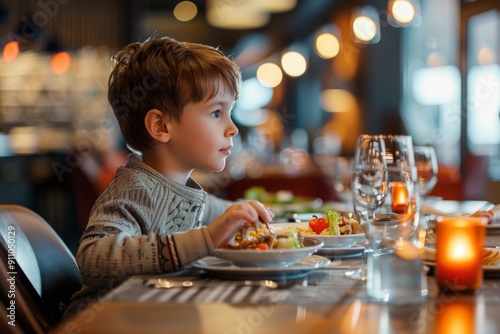 Young Boy Enjoying a Meal at a Restaurant