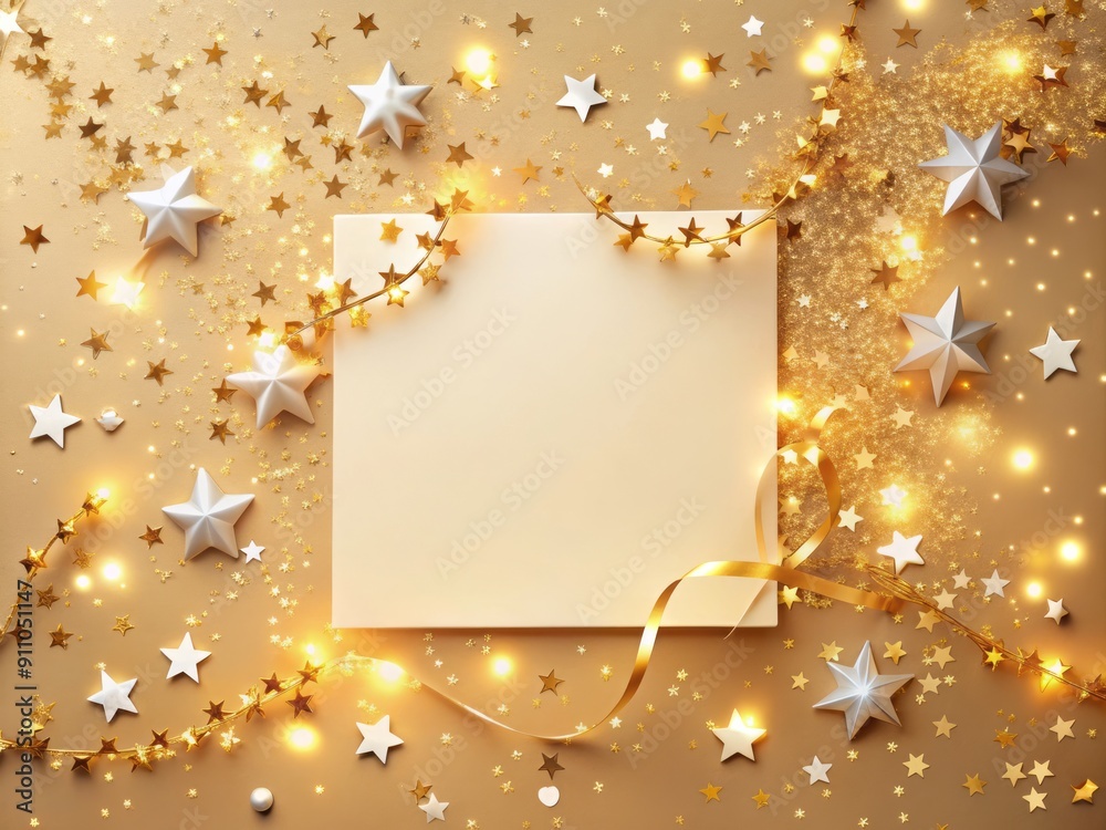 Vibrant festive gold background with blank paper, shining star confetti, and fairy lights on a beige and champagne background, perfect for celebrations and events. Vibrant festive gold background with blank paper, shining star confetti, and fairy lights on a beige and champagne background, perfect for celebrations and events.