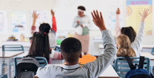 Картината върху платно Children, back and hands raised in classroom with for question, answer and learning at youth academy