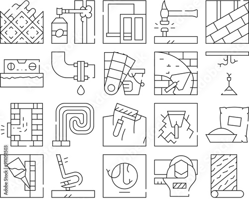 Home Repair Service Collection Icons Set Vector. Building Construction And House Repair, Lay Tiles And Roof, Glue Part And Hammer With Nail Concept Linear Pictograms. Black Contour Illustrations