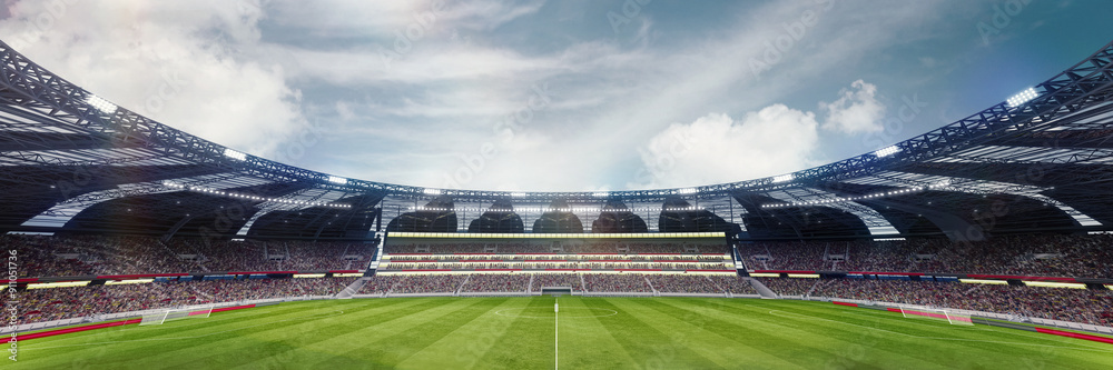 Fototapeta premium 3D render of soccer stadium with empty arena and filled tribune of sport fans waiting for open air match event. Wide angle view. Concept of outdoor sport, activity, football, championship, match