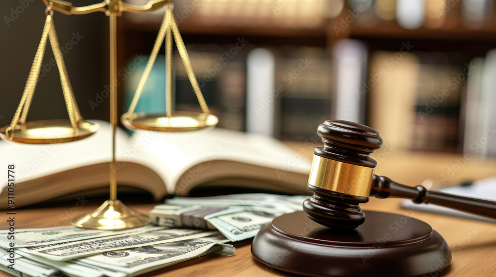 A gavel, scales of justice and law books on the table with cash in front of them, symbolizing a professional lawyer working hard to make money